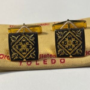1940s Toledo Spain Damascene 18kt gold plated enameled etched cufflinks